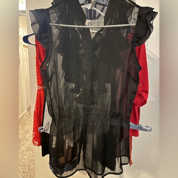 Sheer, black blouse. Ruffled button down front. - Picture 2 of 4